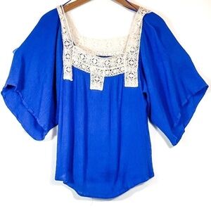 Entro Blue Tunic Top Boho Crochet Neckline